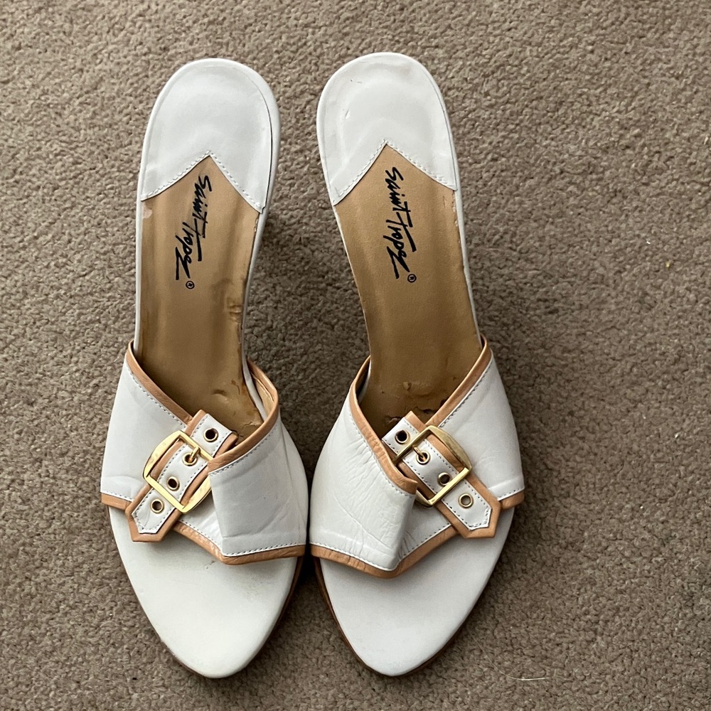 Saint Tropez West White and Tan Mules with Buckle